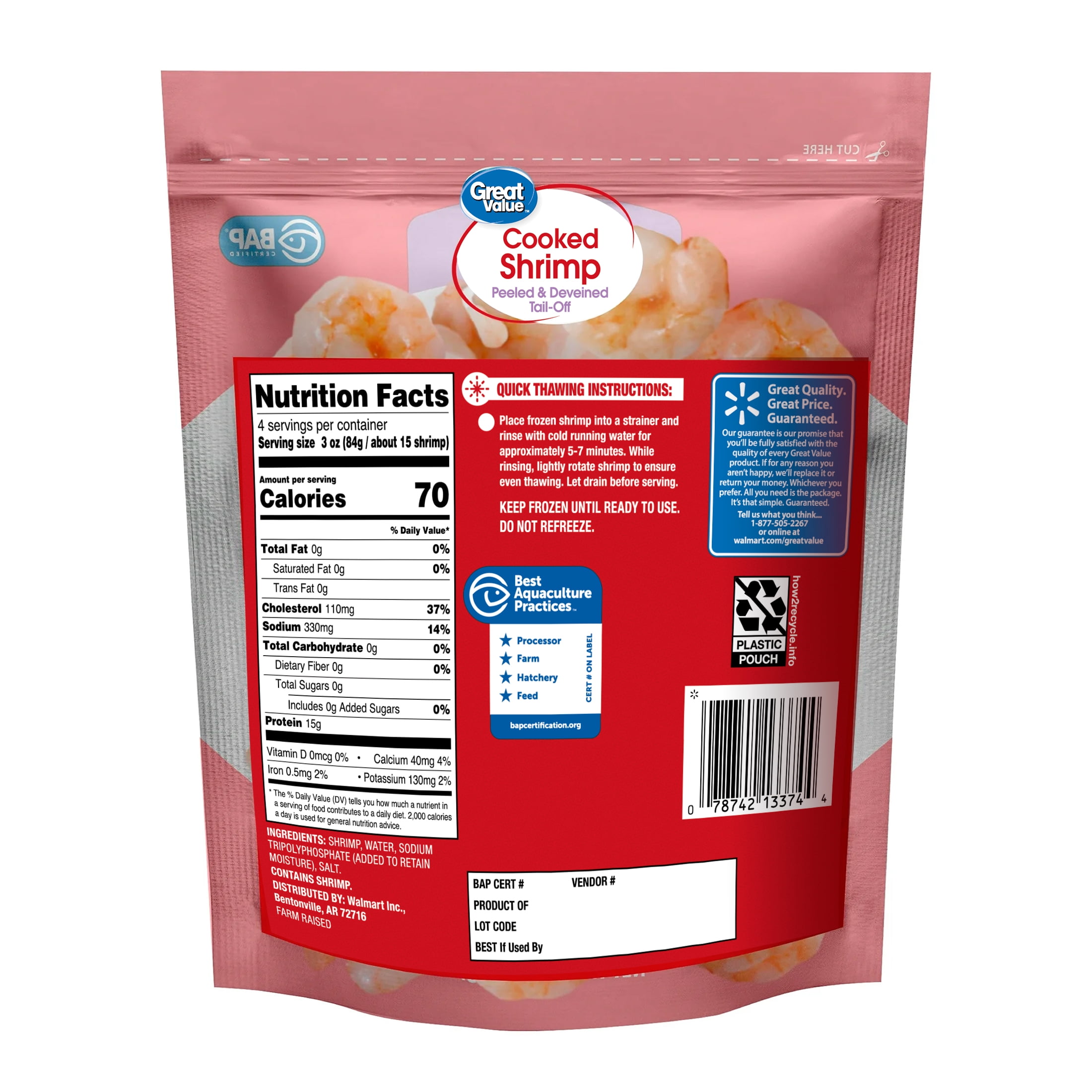 Great Value Frozen Cooked Small Peeled & Deveined, Tail-off Shrimp, 12 oz Bag (71-90 Count per lb)