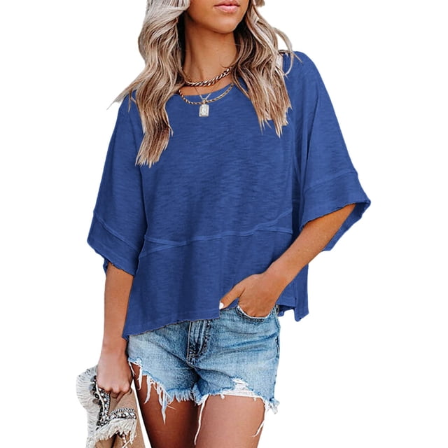 Puntoco Mujeres Verano Casual Cuello Redondo 3/4 Manga Camisetas Color Sólido Ajuste Suelto Lindas Camisetas Básicas Blusas Puntoco Puntoco-125
