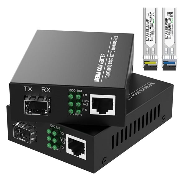 FTTPVIPS une Paire de Convertisseurs de Média Ethernet Fibre Mode Unique Bidi Gigabit 1.25G/s avec 2 Modules Émetteur-Récepteur LCD Bidi SFP Inclus, 10/100/1000Base-Tx à 1000Base-SX S