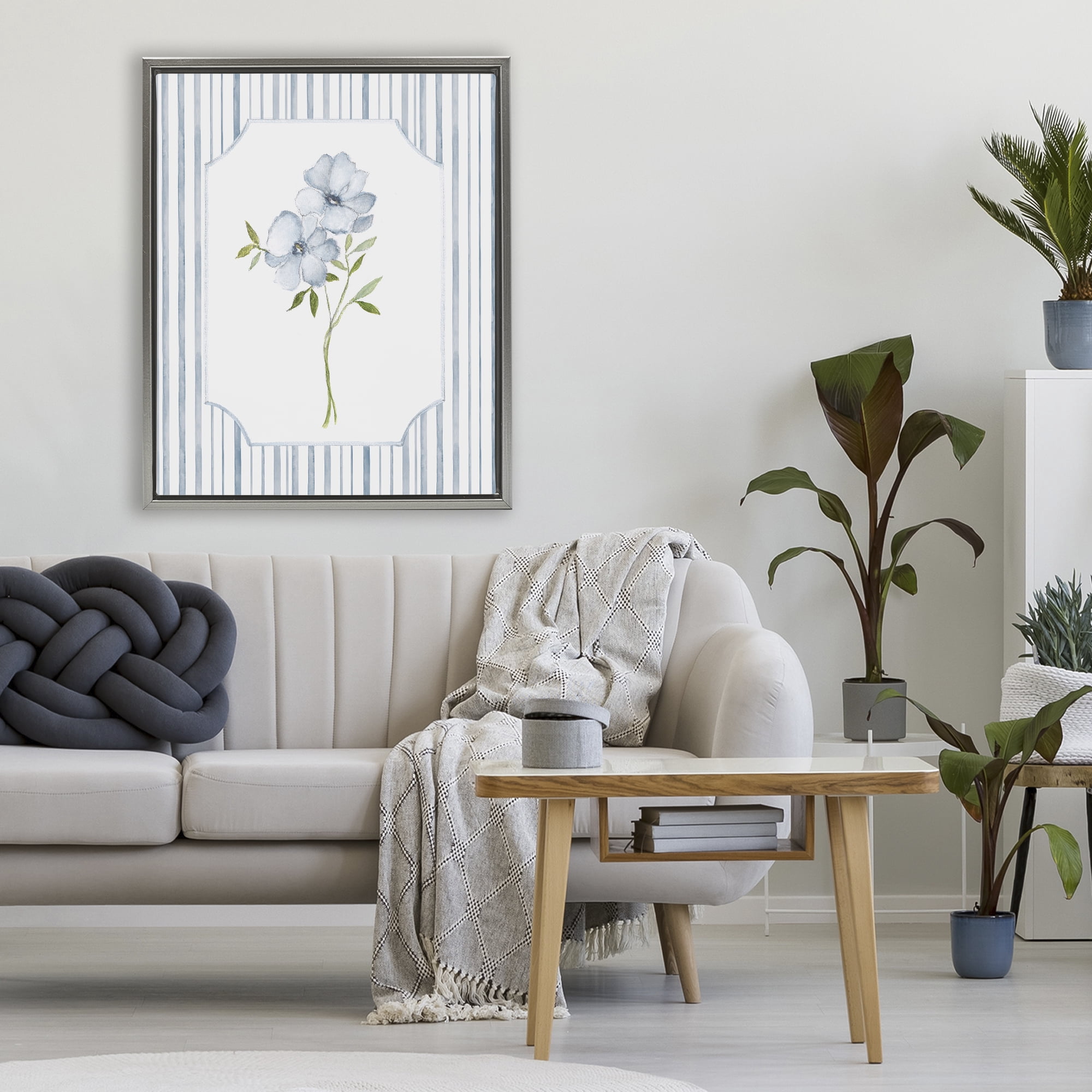 Stupell Industries Blooms And Stripes Gray Framed Floater Canvas Wall Art, design by Tava Studios