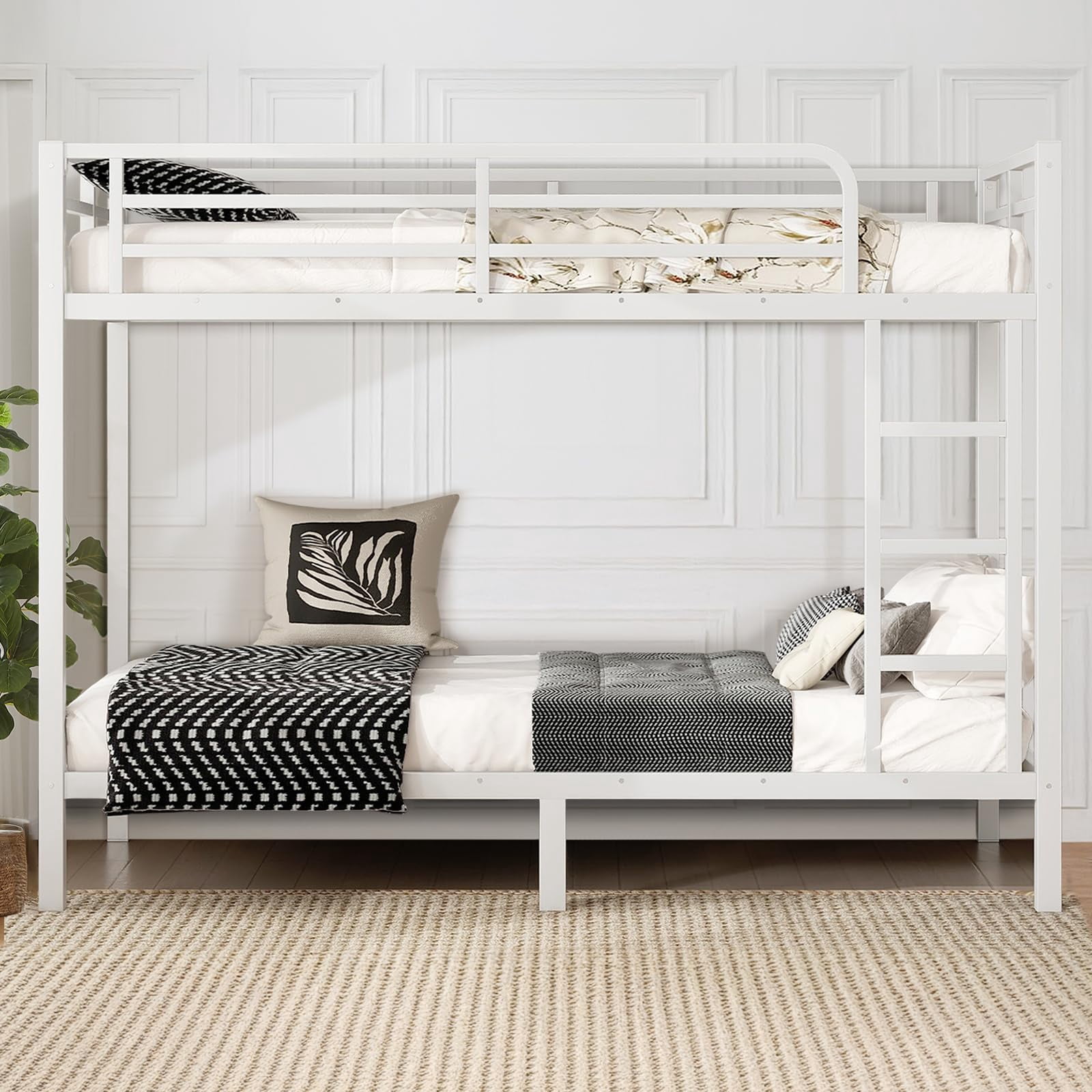 Miniyam Twin XL Over Twin XL Metal Bunk Bed with Top & Bottom Guardrails, Side Ladder, Quiet Metal Slats, White