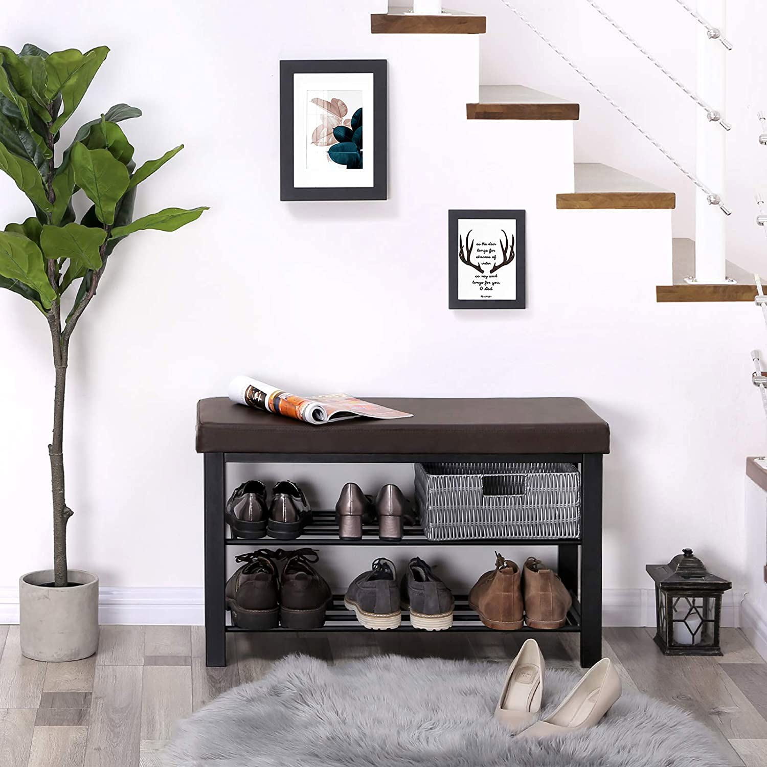 Resenkos 3-Tier Shoe Rack Bench for Entryway, Storage Organizer with Foam Padded Seat, Faux Leather, Metal Frame,Brown Resenkos 3-Tier Shoe Rack Bench for Entryway, Storage Organizer with Foam Padded Seat, Faux Leather, Metal Frame,Brown