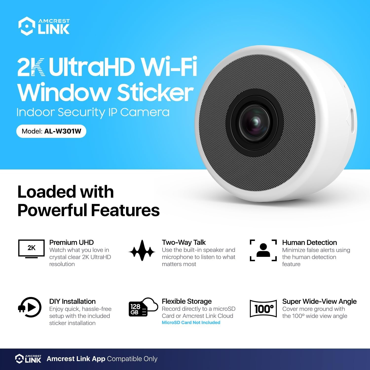 Amcrest Link 3MP 2K Window Camera, 2.4GHz&5GHz WiFi Indoor Camera, AI Human & Motion Detection, Wide Angle 100° FOV, Night Vision, 2-Way Audio, Wired Power, Supports MicroSD upto 128GB, AL-W301W
