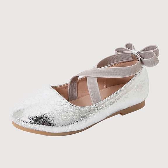 Gyujnb Shiny Leather Mary Jane Elastic Strap Bow Flat Dress Shoes (Little Girls, Big Girls),8-9 Years