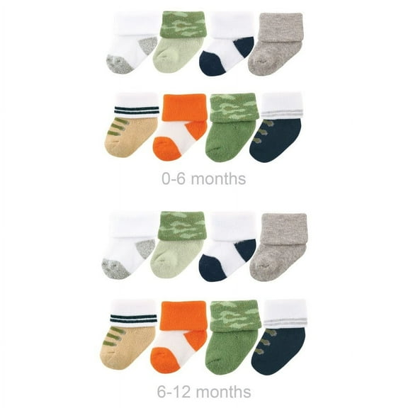 Luvable Friends Infant Boy Grow with Me Cotton Terry Socks, Green Camo, 0-6 and 6-12 Months
