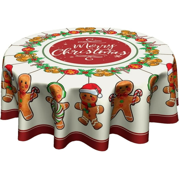 Christmas Gingerbread Round Table Cloth - Winter Gingerbread Man Tablecloth 60 Inch Xmas Candy Canes Table Cover Decorative for Kitchen Party Banquet Holiday