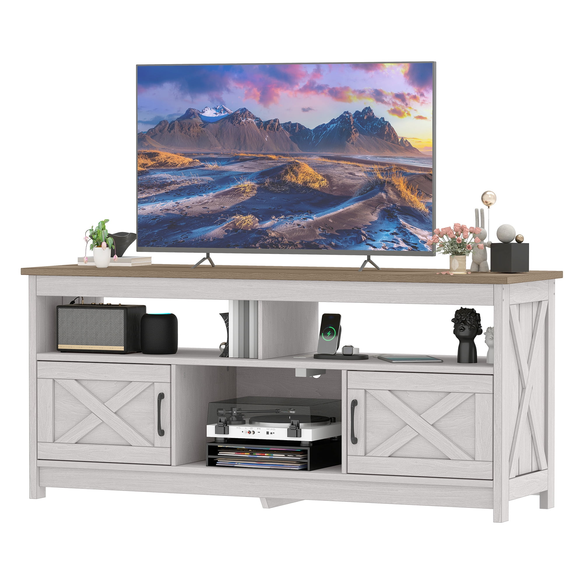 Uforic 59 Inch Rustic TV Cabinet Fits 55/65 Inch TVs, with Side X-Brace Decor, Built-in Charging Station & Partitioned Open Storage Shelves, Home Living Room, Beige + White