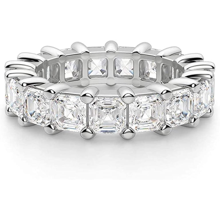 Savlano 18K White Gold Plated Cubic Zirconia Eternity Ring - 4x4mm Square Blue Princess Cut Band For Women