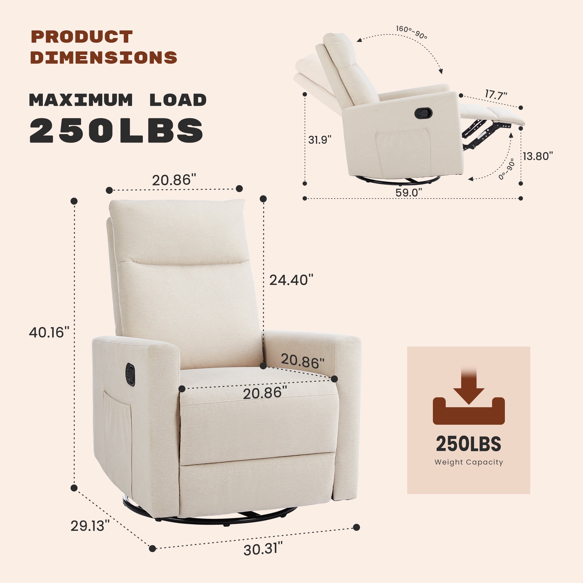 Recliner Chair, Swivel Rocking Glider, Nursery Recliner with Extra Large Footrest, High Back Upholstered Deep Seat for Living Room, Beige