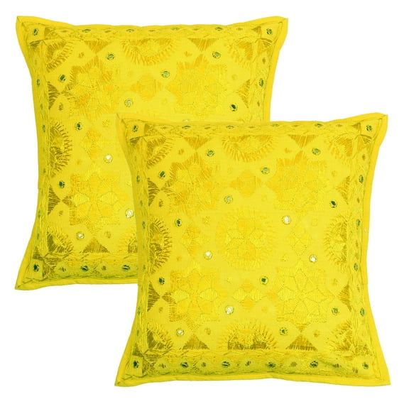 Stylo Culture Ethnic Settee Sofa Throw Pillow Covers 16 x 16 Hand Embroidered Yellow Boho 40cm x 40cm Home Decor Cotton Mirrored Square Cushion Covers | Set Of 2