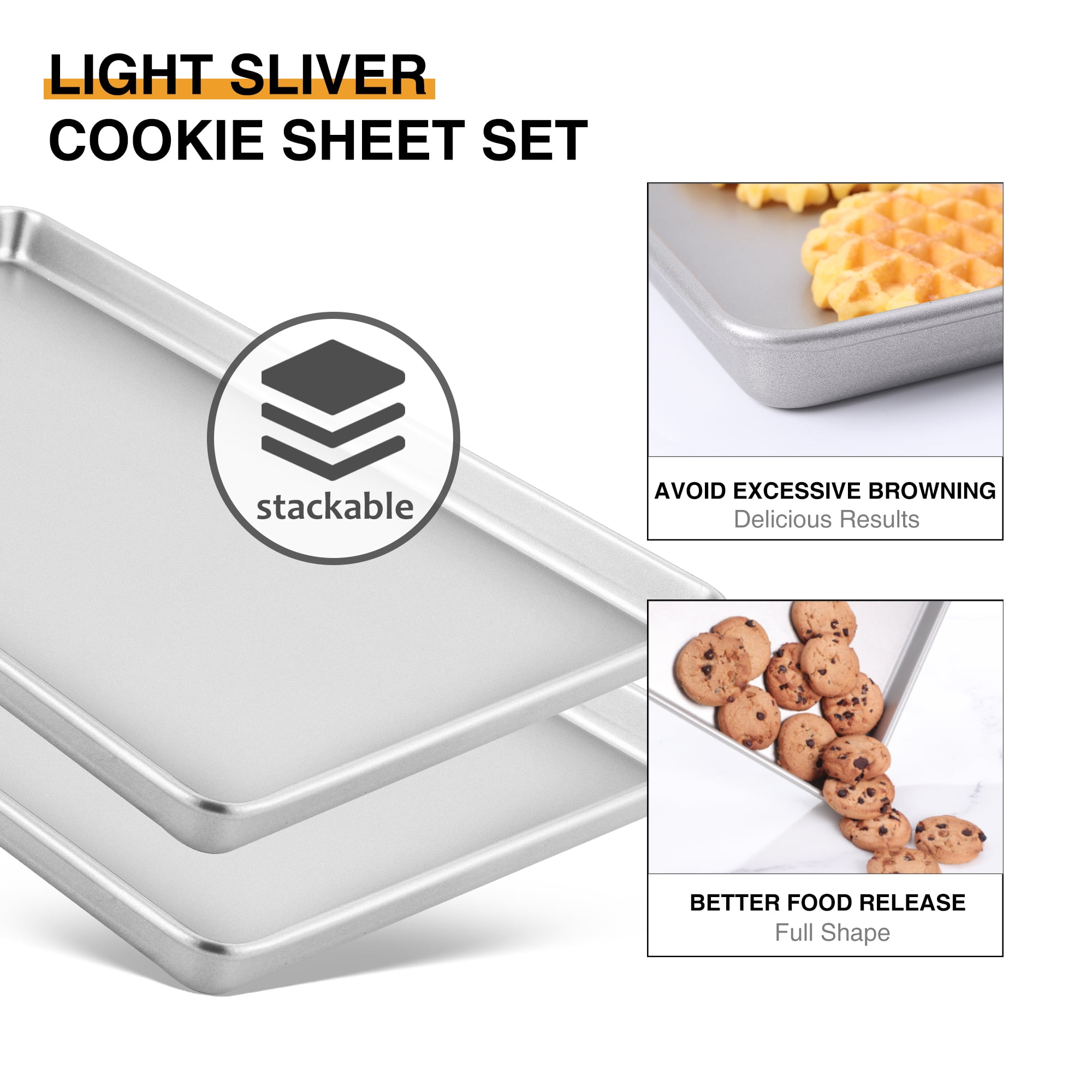 HONGBAKE 2 Pack Half Sheet Pan Set, Nonstick Cookie Sheets for Baking, 17.5 x 12 Inch Baking Sheet Pans, Heavy Duty Carbon Steel, Silver
