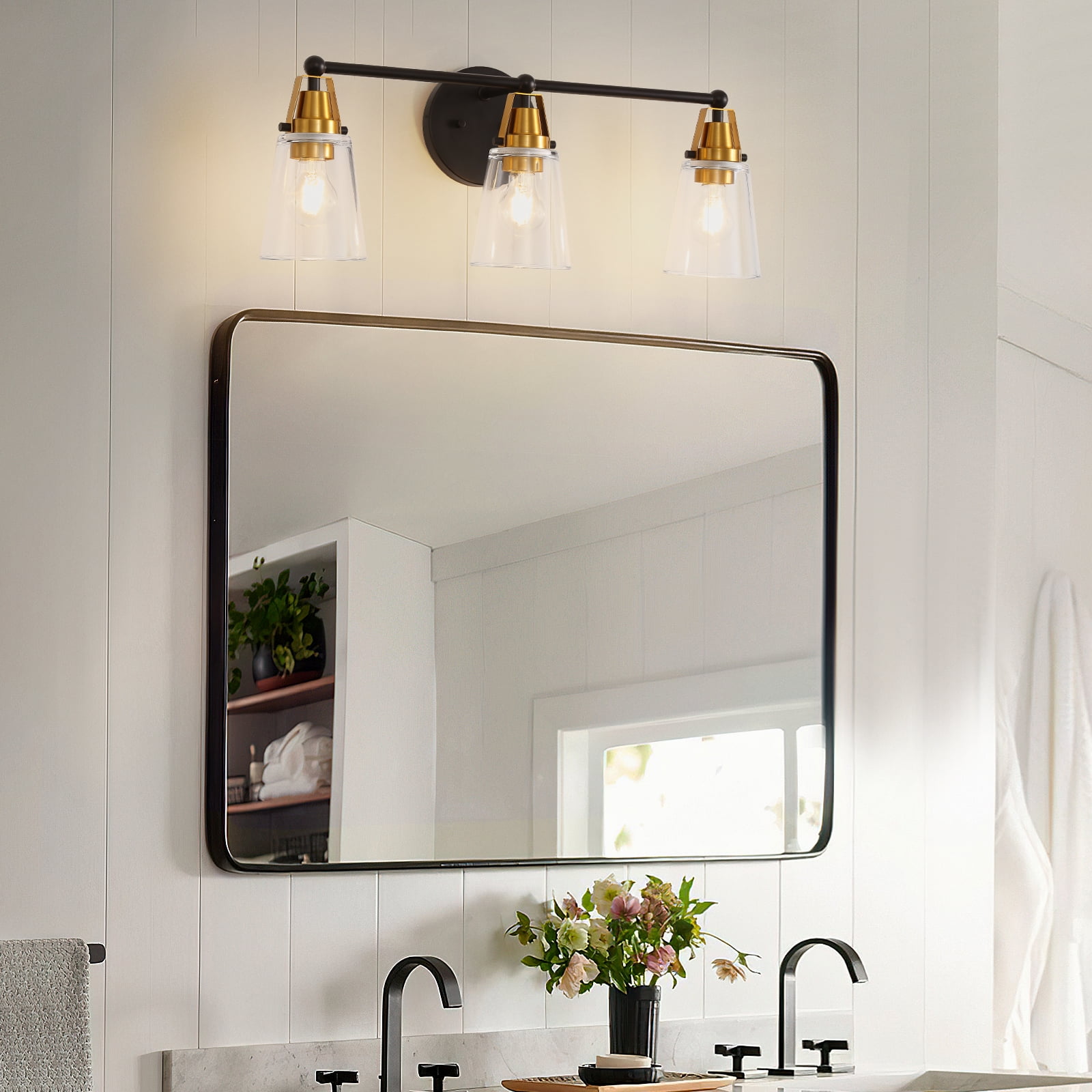 Modern 3-Light Black & Bronze Bathroom Vanity Light with Clear Glass Shade - E26 Wall Sconces for Living Room, Bedroom, Hallway (Bulb Not Included)