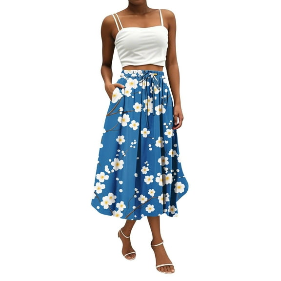 WTOBBY Women's Casual Temperament Bohemian Skirt with Vibrant Floral Print and Pocket, Everyday Boho Fashion Skirt for Summer Concerts and Market Days,Blue L