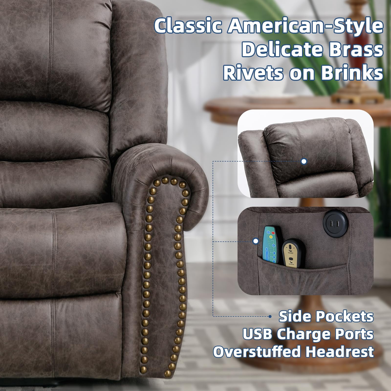 SOCIALCOMFY Power Lift Recliner Chair for Elderly with Massage and Heat, Electric Recliner Chair with Rivet Decoration, 2 Remote Controls, Side Pockets & USB Ports for Home, Office (Smoky Gray)