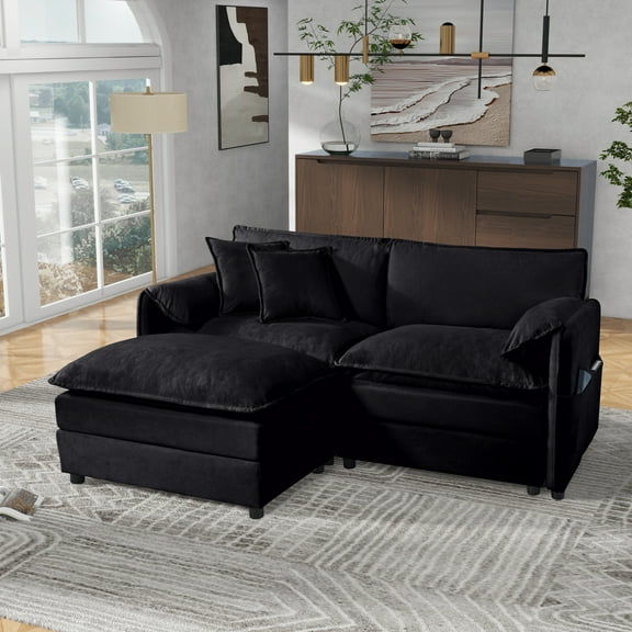 Deep Seat Sectional Sofa Cloud Couch with Ottoman, Modern Chenille Comfy Love Seat Upholstered Modular L Shaped Couch for Living Room, Apartment, Office,DIY Combination,Black
