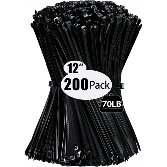 BDKWID-200 Pack Zip Wire Ties 12 Inch Cable Zip Ties Black Tie Wraps with 70 Pounds Tensile Strength, Self-Locking Cable Ties, UV Resistant Thick Nylon Wire Ties for Indoor and Outdoor Black