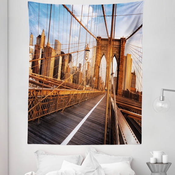 United States Tapestry, Early Morning on Famous Brooklyn Bridge NYC Architecture, Fabric Wall Hanging Decor for Bedroom Living Room Dorm, 5 Sizes, Pale Brown Pale Blue, by Ambesonne