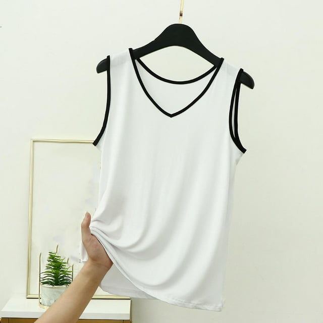Womens Summer V Neck Tops Soft Comfy Tank Tees Sleeveless Basic Colour Block Loungewear T Shirts Plus Size White 4XL