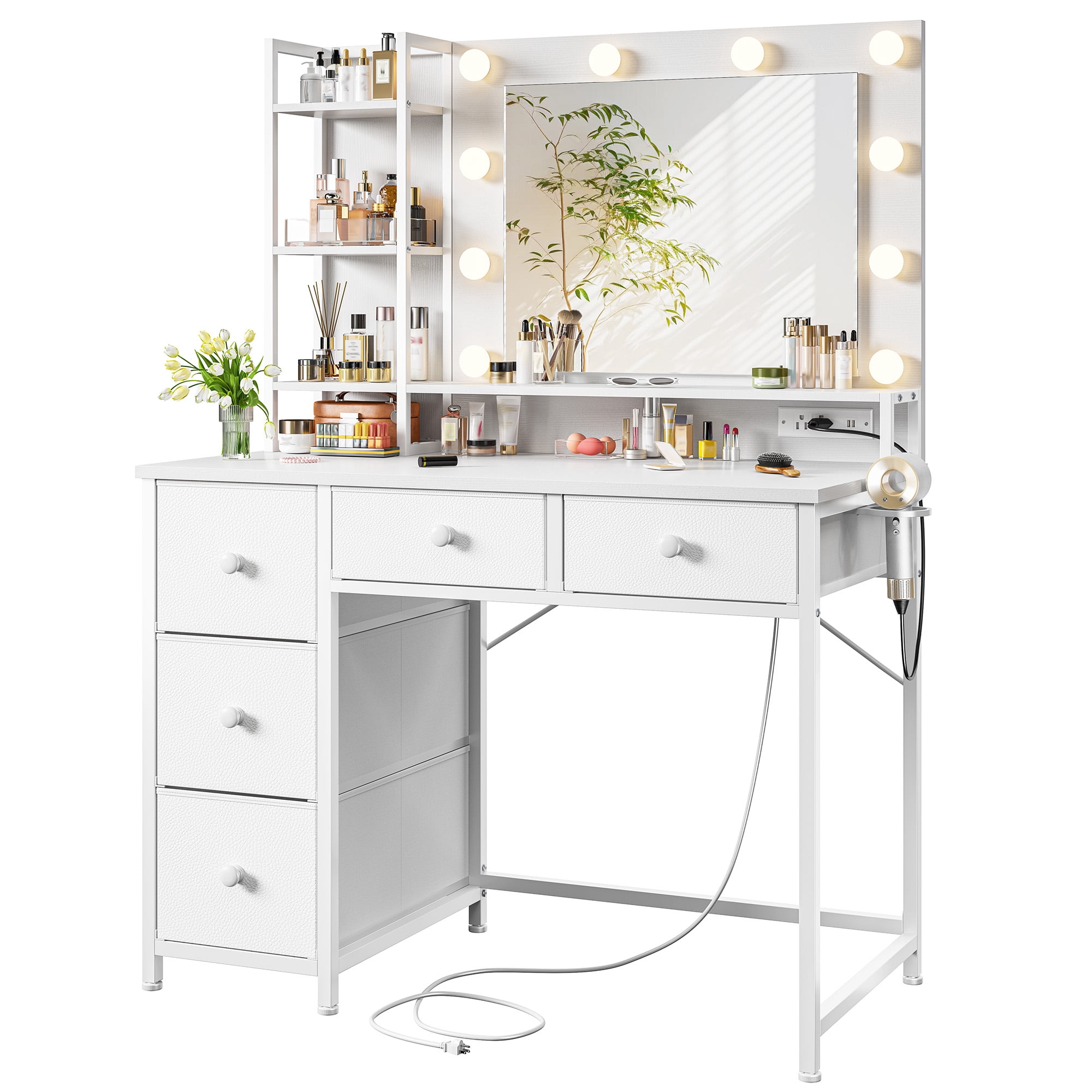 EnHomee Vanity with Mirror and Lights Makeup Vanity Desk with 5 Fabric Drawers & Power Outlet & Hair Dryer Rack Dressing Table for Bedroom,White