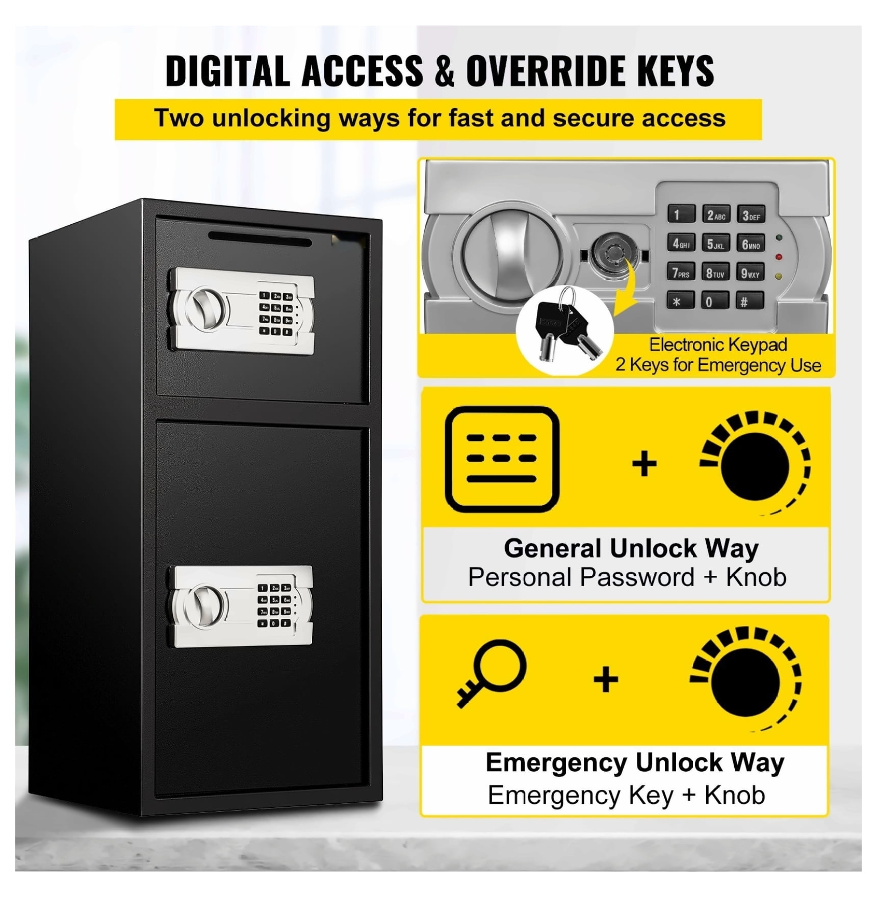 Large Double Door Safe Box 2.6 cu ft Steel Safe with Digital Lock for Money Gun Jewelry