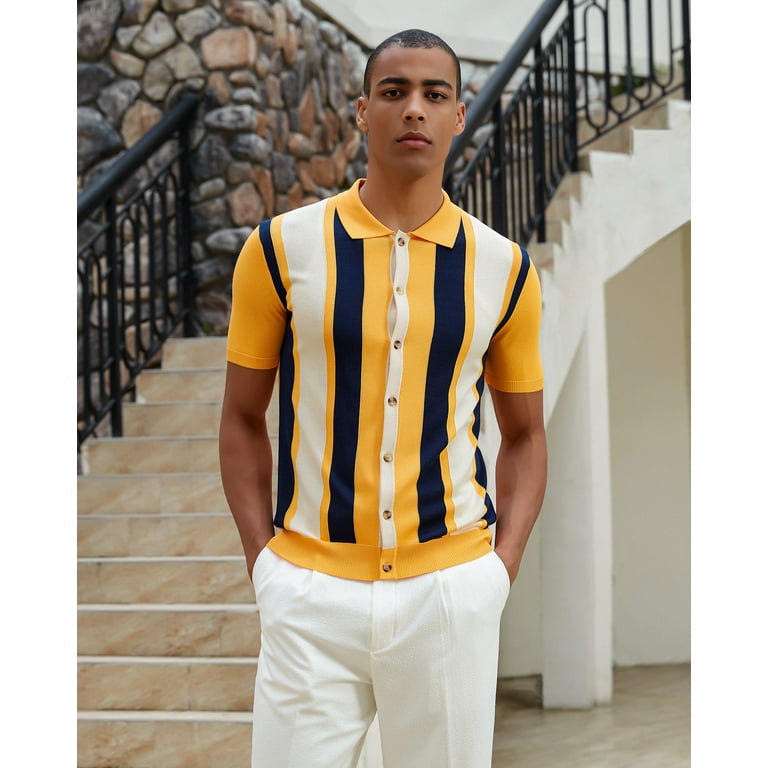 Kallspin Men's Vintage Knit Polo Shirt Short Sleeve Striped
