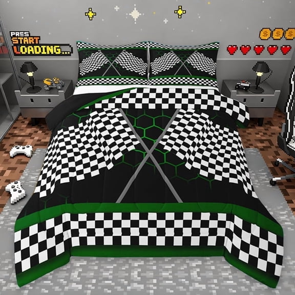 Erosebridal Gradient Seagreen Honeycomb Bedding Twin Comforter Set, Sports Car Flag Down Comforter,Youth Teens Gamebedding Sets Twin With Comforter,Ultra Soft Room Decorative,2 Pieces Reversible