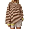 thumbnail image 2 of Brown Womens Sweatshirt Women's Casual Minimalist Striped Embroidered Patchwork with Color Insertions Round Neck Pullover and Bottom Hoodie Long Sleeved Women's Regular Fall Clothes for Women, 2 of 4