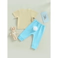 thumbnail image 4 of Genuiskids Baby Girl Boy Easter Clothes 6M 12M 2T 3T Toddler Summer Outfits Short Sleeve Bunny Print T-shirt Tops + Jogger Pants with Velvet Ball Tail Infant Easter Outfit 0-3T, 4 of 9