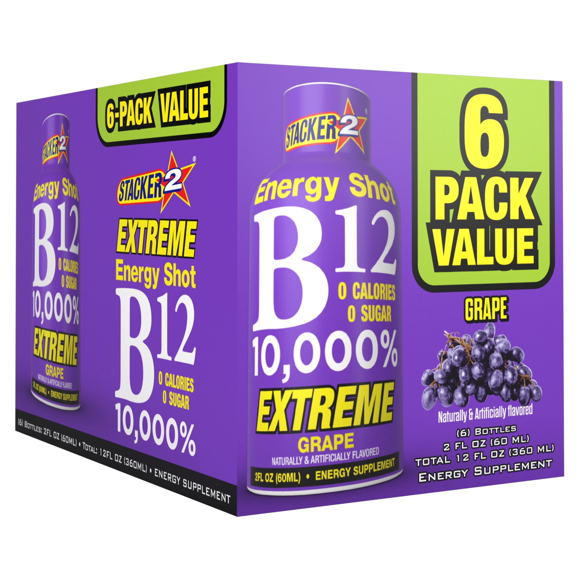 Stacker 2 B12 10,000% Energy Shot Grape, 2 fl oz, 6 count