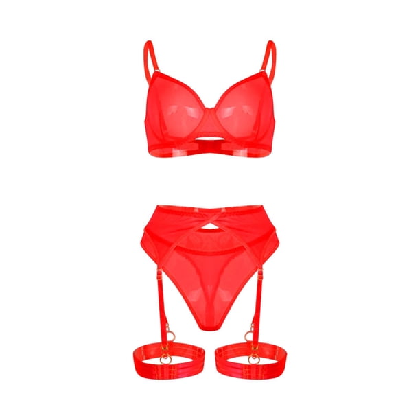 Gibobby Sujetador De Encaje Para Mujer Conjunto de lencería de Encaje para Mujer con Cinturones de Liguero, Sujetador y Bragas, sostén y Tanga(Rojo, M)