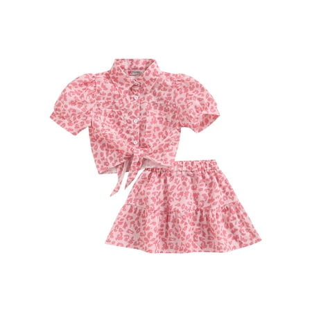 

Suanret 2Pcs Kids Baby Girls Clothes Leopard Print Short Sleeve T-shirt Bandage Crop Tops with Skirt Set Pink 4-5 Years