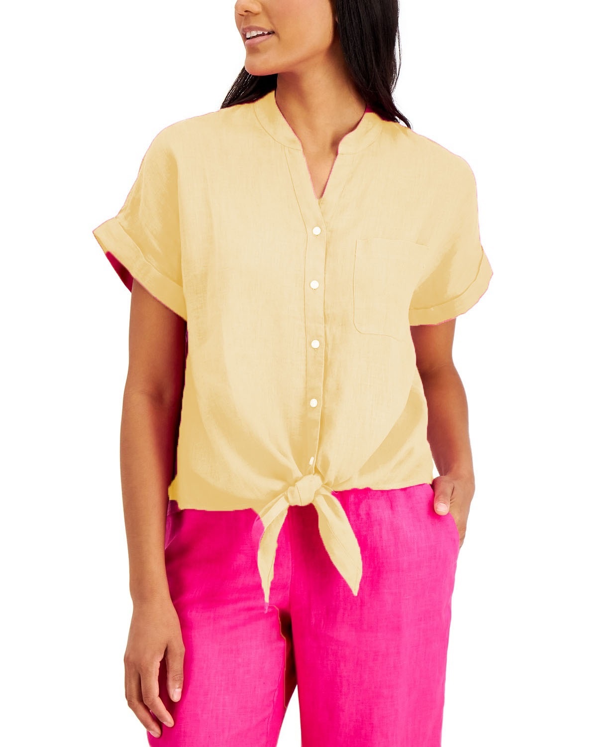 Linen Tie-Front Button-Up Shirt Yellow 