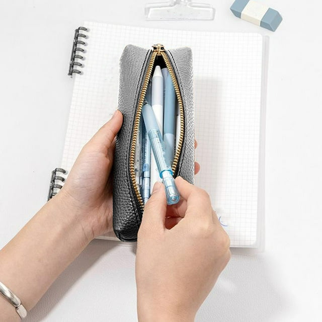 Estuche organizador profesional de cuero para bolígrafos con cierre de cremallera para suministros de oficina, estuche portátil a prueba de fugas para viajes de negocios y uso escolar.
