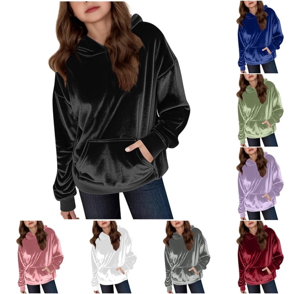 WAYUTE Girls Sweatshirt Soft Lined Satin Long Sleeve Solid Color Warm Sweatshirts & Hoodies for Girls Fall Winter Casual Streetwear,Black,Size 6-7 Y