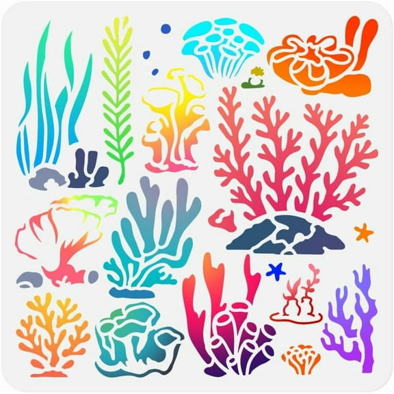 12 Styles Coral Seaweed Stencil for Painting 11.8"x11.8"Reusable Seagrass Sea Plants Stencil Drawing Template DIY Craft Paint Template for Wall Home Decor Wood Burning Card Journal Fabric