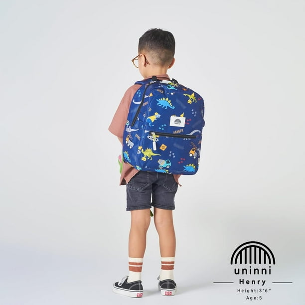 uninni 14 Kids Backpack for Girls and Boys Age 5 8 Years Old with Padded and Adjustable Shoulder Straps Construction Truck Dino Navy Blue