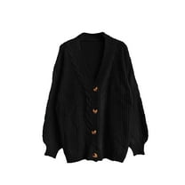 Cardigan Sweaters for Women Casual Solid Color Open Front Button V Neck Fall Coat,Black,L