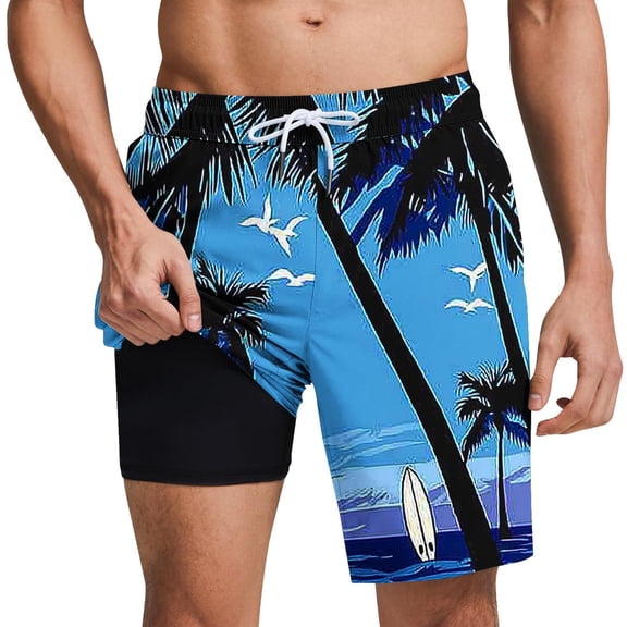 Mens Swim Shorts with Compression Liner 4-Way Stretch Bathing Suit Hawaiian Print Beach Swimming Shorts 2 in 1 Men's Swim Trunks with Pockets Quick Dry Elastic Waist Boardshorts Swimwear