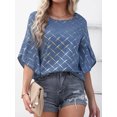 thumbnail image 3 of Tops de media manga con volantes para mujer, Camiseta holgada informal con cuello redondo, camisetas con estampado a cuadros a rayas para primavera y verano 2023, 3 of 4