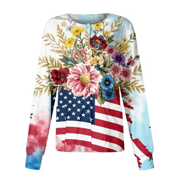 4th Of July Trendy Jackets for Women 250th Anniverasry Funny Floral Flag Printed Scrub Jacket Nursing Uniform Shirts with Pockets