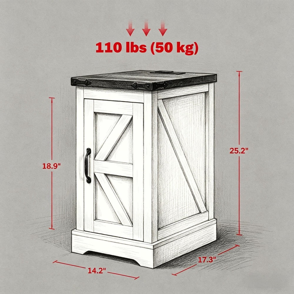 Distressed White Farmhouse End Table with AC Outlets & USB Ports, 2-Tier Storage Cabinet with Barn Door, Anti-Tipping Rustic Side Table for Living Room Bedroom
