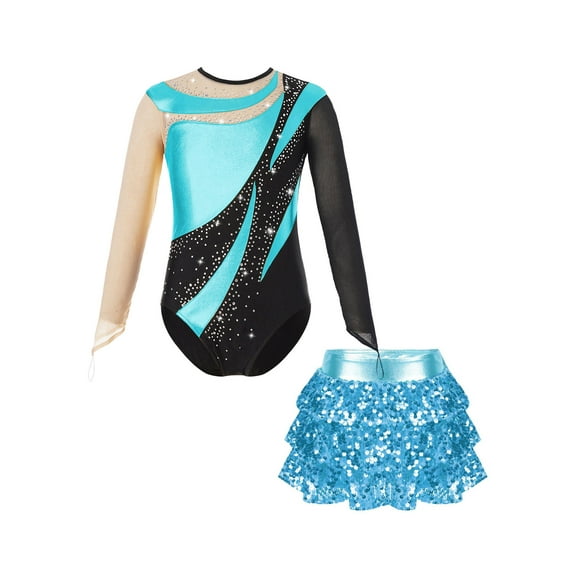 iiniim Kids Girls Long Sleeve Sparkle Leotards with Sequin Skirt Set Ballet Dance Latin Outfits Dancewear A Turquoise 14