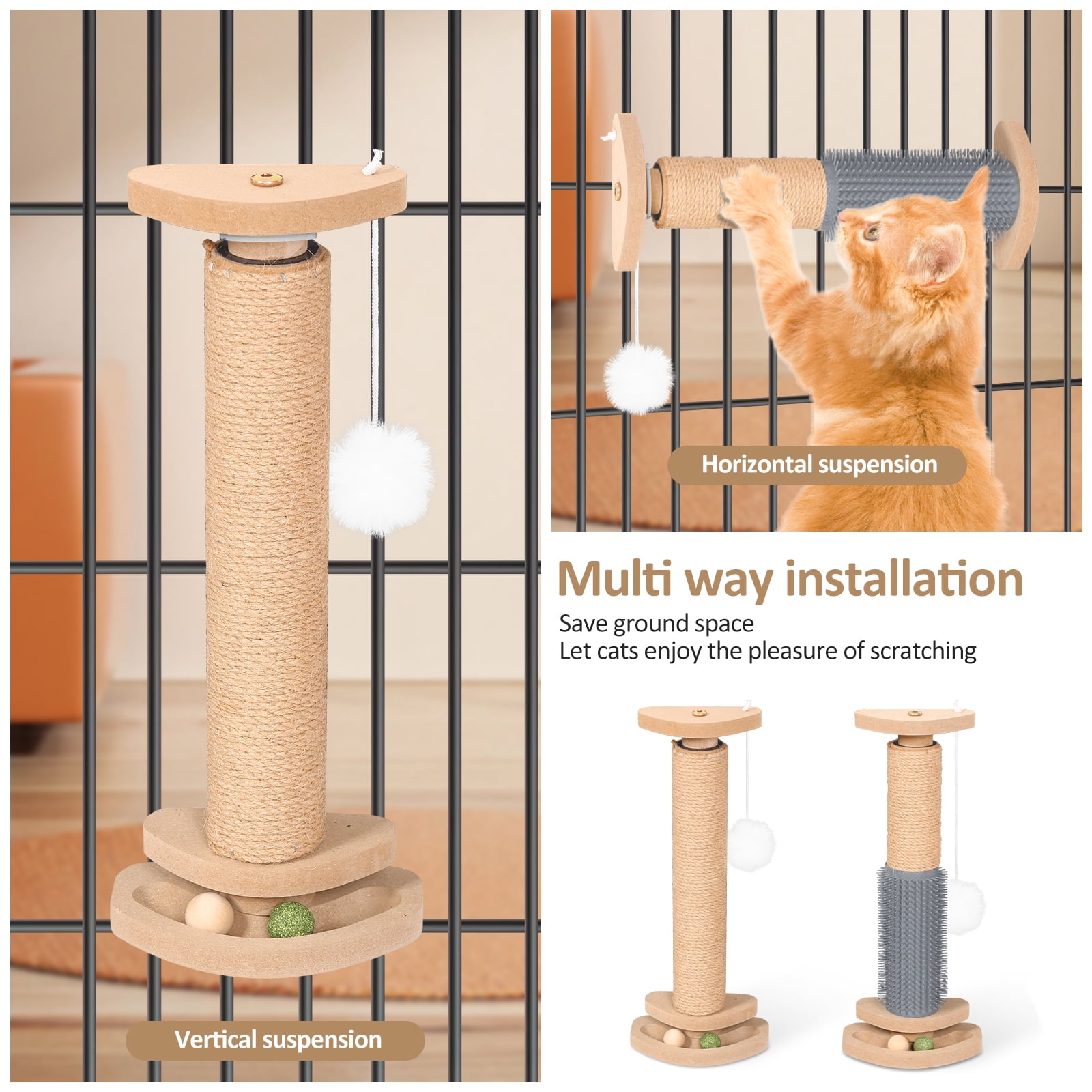 Threns Cat Scratching Post,Kitten Scratching Post with Track Ball Toy for Indoor Cage Cage,Mounted with Self Groomer and Massager Kennel Playpen Accessories