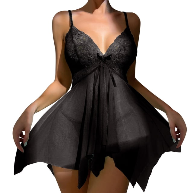 Gibobby Pijamas para mujer Pijama sexy de encaje para mujer Lencería sexy Traje de pijama con tirantes de malla(Negro,XL)