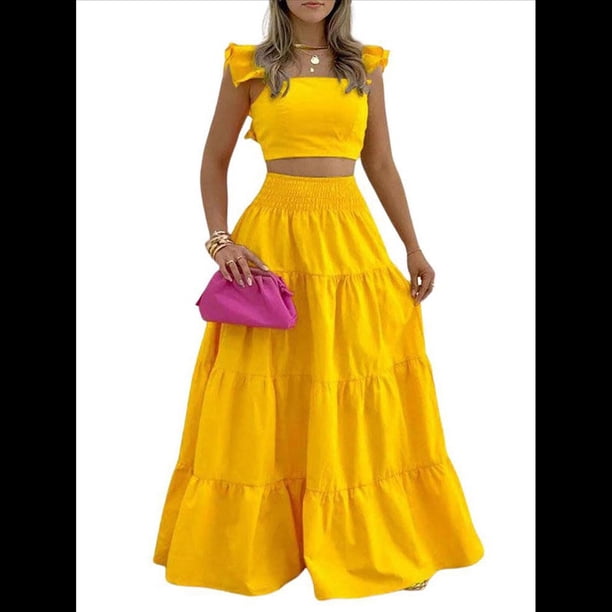 Conjunto de 2 Piezas para Mujer: Top Corto con Tirantes Finos y Falda Larga con Volantes y Cintura Fruncida Amarillo S