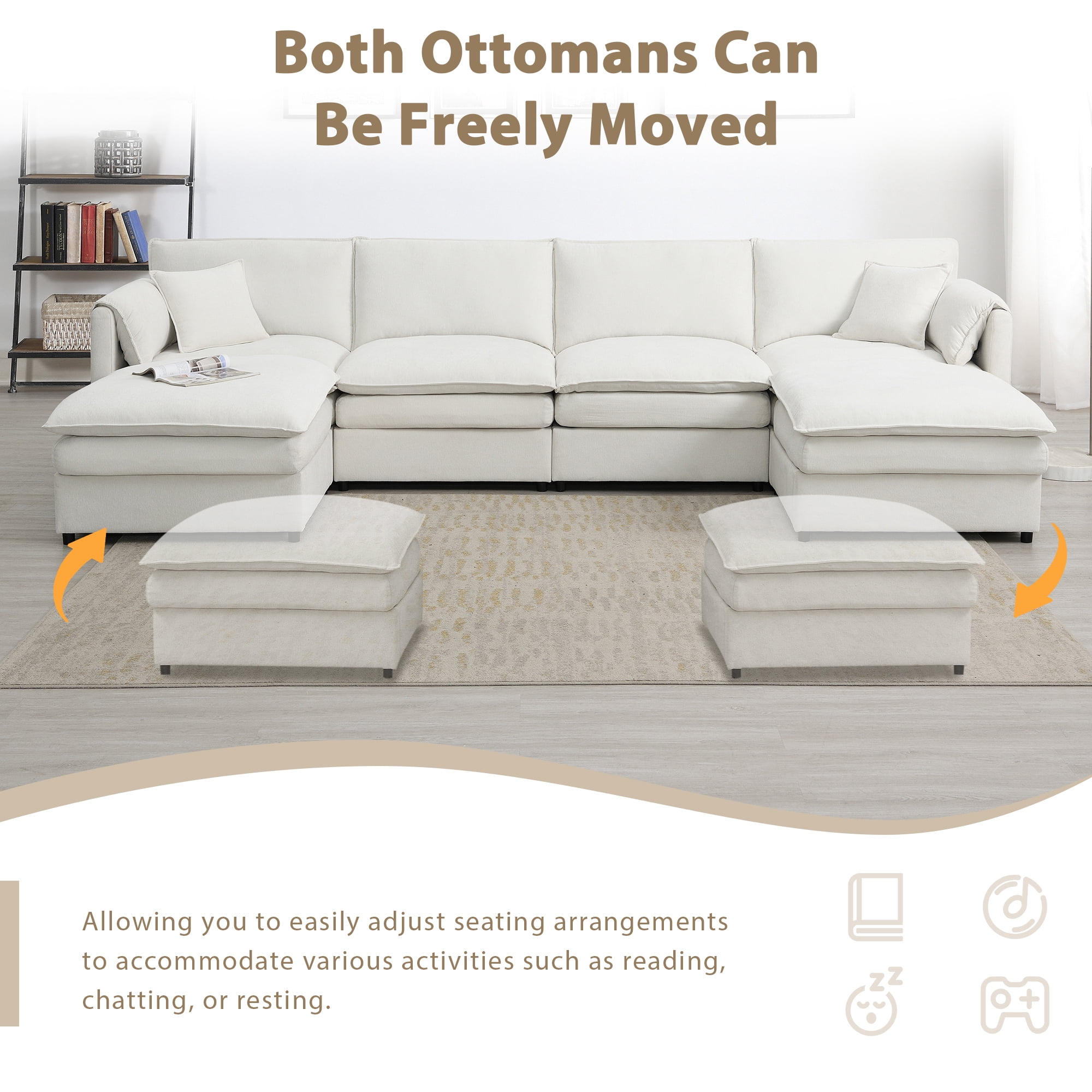 EUROCO 134" Oversized U Shaped Modular Sectional Sofa Couch, 6 Seat Chenille Sleeper Sofa Bed Cloud Couch Set with Double Cushions and Ottomans, Indoor Furniture for Living Room, Cream