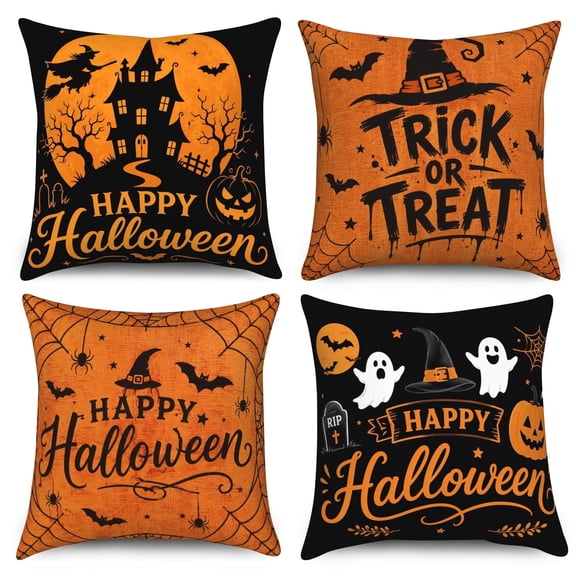 DaShan Halloween Throw Pillow Covers 18x18 Set of 4,Orange and Black Pillow Cases for Bedroom Sofa Couch