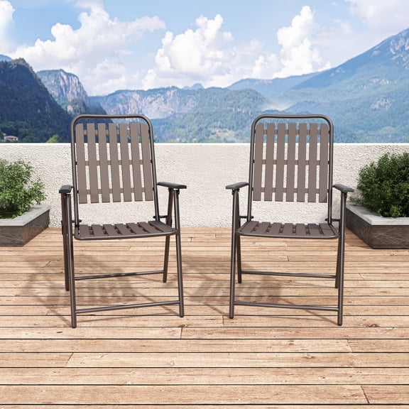 Folding Chairs Set of 2, 350 lb Capacity Outdoor Chairs with Powder-Coated Metal Frame & WPC Slatted Seat, No Assembly, Antique brown