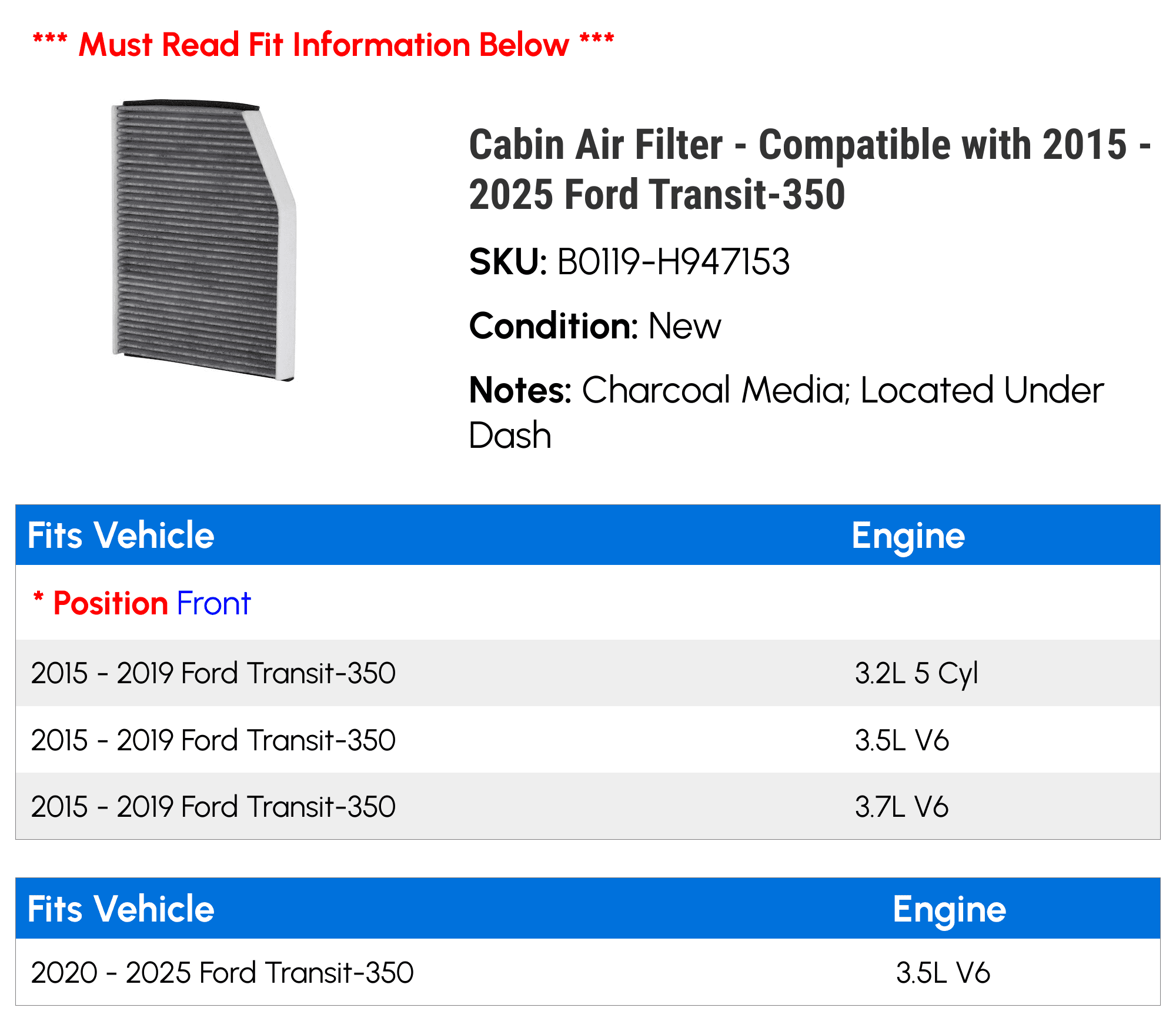Cabin Air Filter - Compatible with 2015 - 2025 Ford Transit-350 2016 2017 2018 2019 2020 2021 2022 2023 2024