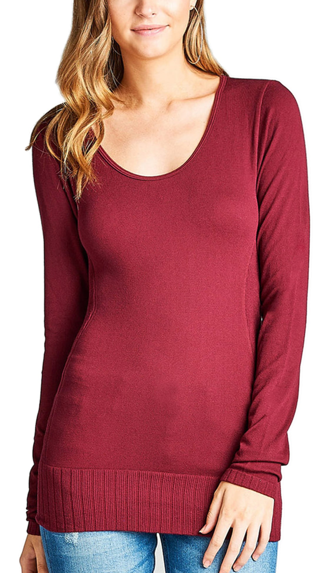 KOGMO Womens Seamless Scoop Neck Long Sleeve Top with Ribbed Hem